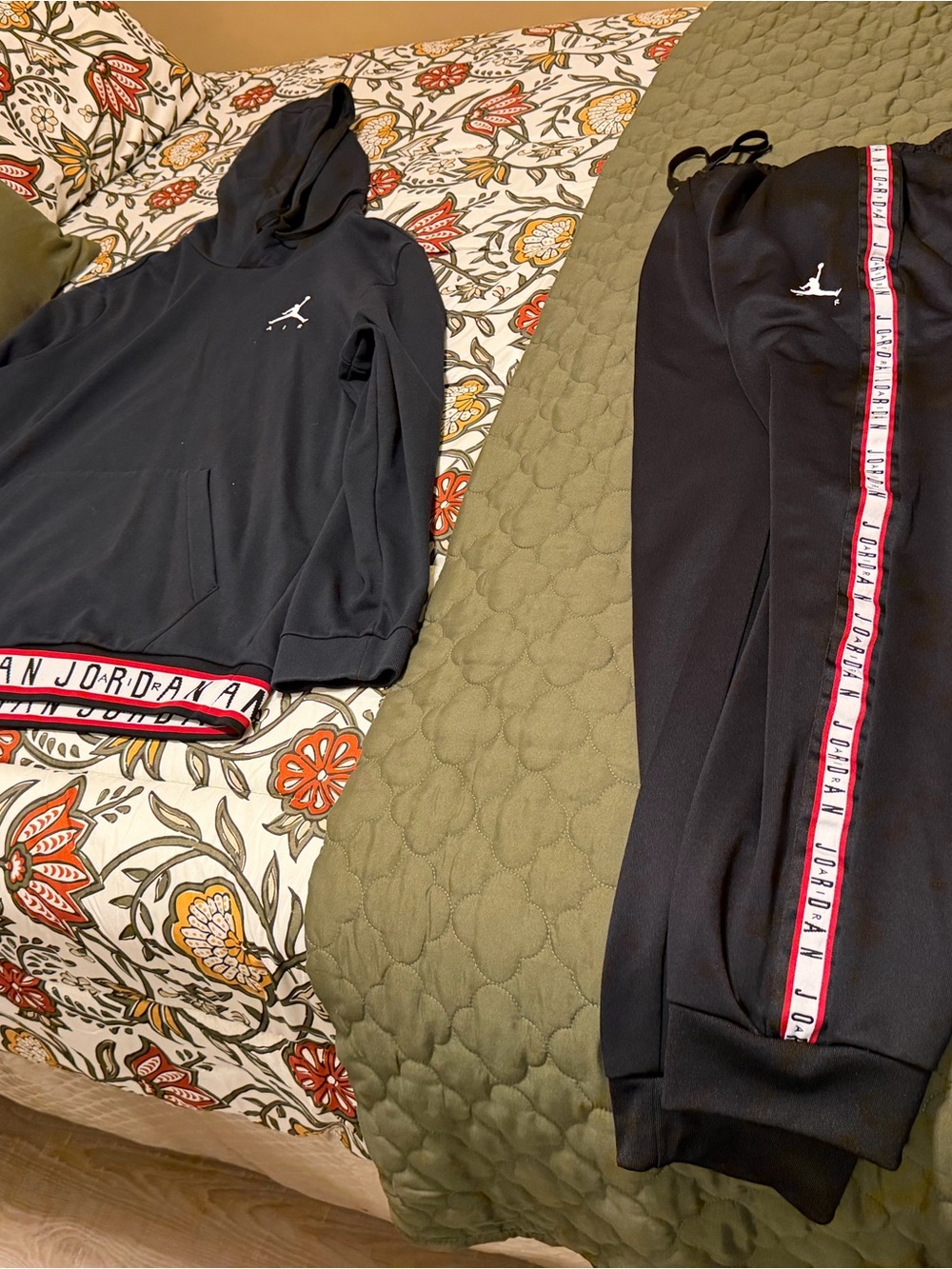 Jordan Black Hoodie and Track Pants with White Jumpman and Red Trim